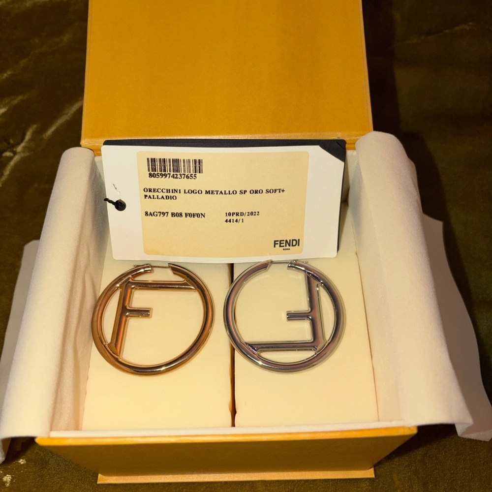 Fendi Two-Tone FF Logo Hoop Earrings in Silver and Rose Gold - Picture 3 of 5